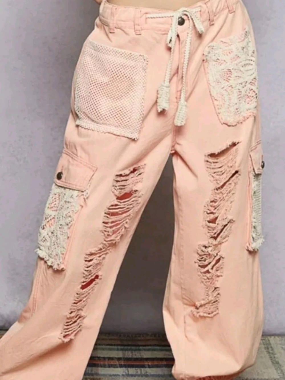 POL Peach Distressed Wide-Leg Cargo Jeans with Lace Patches